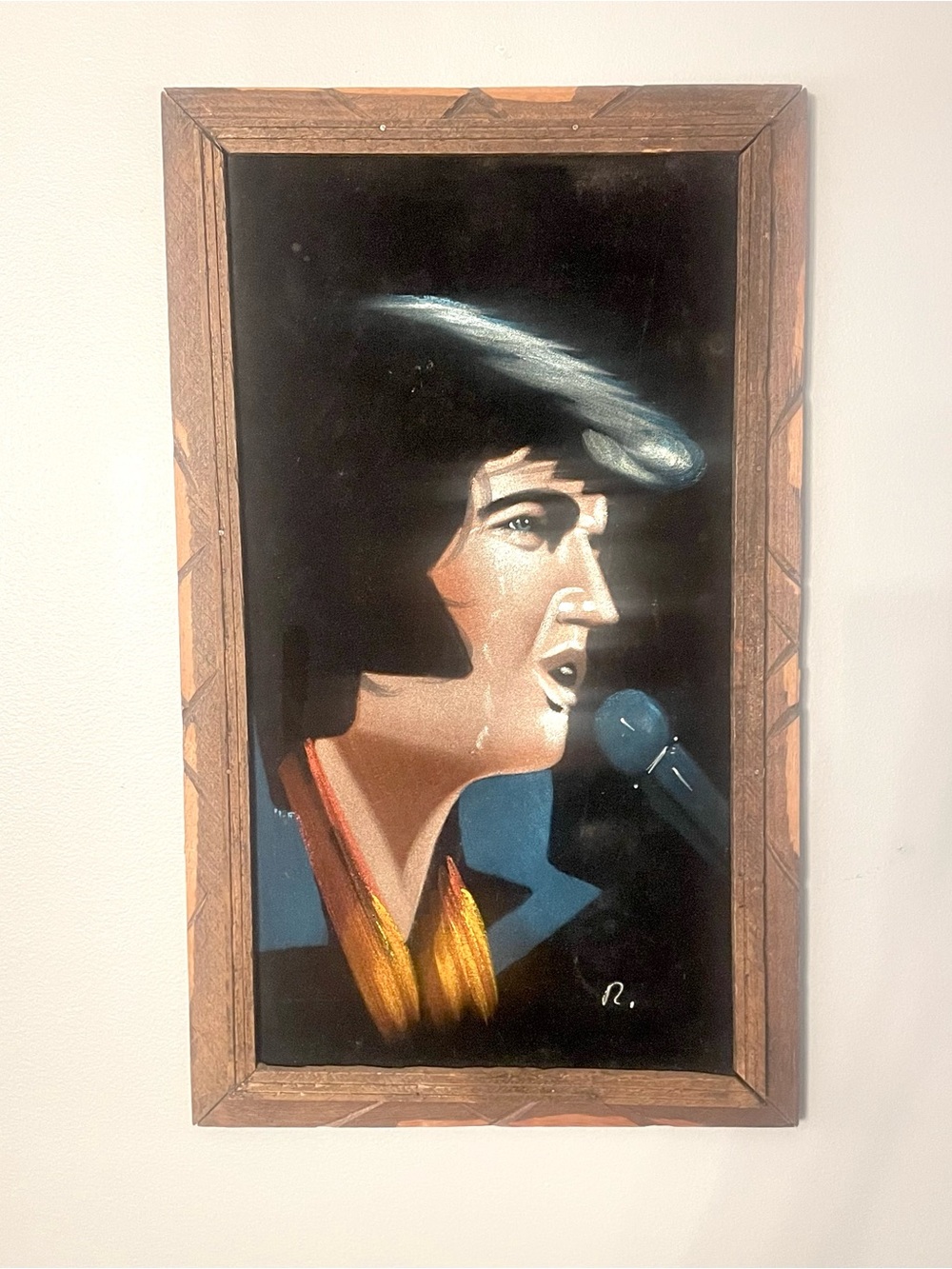 Vtg Elvis Presley Black Velvet Oil Painting 1970s Wall Art Hand Painted Wood Frm